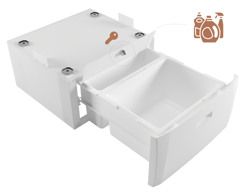 I-VANO pull-out organizer compartments: front basin for laundry and rear lockable compartment for detergents