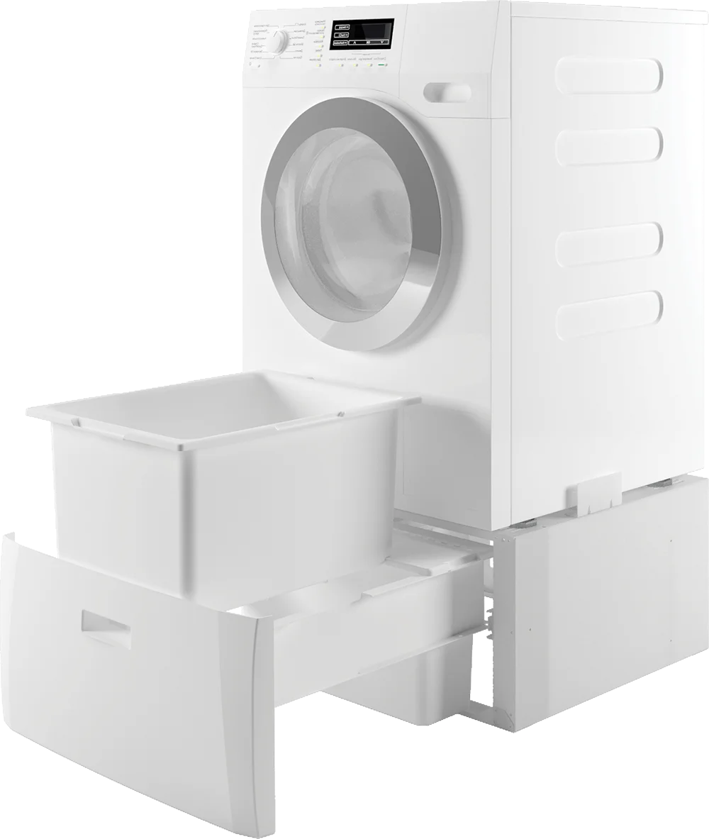 3D rendering of I-VANO pedestal with white washing machine, showing 31cm ergonomic height and integrated pull-out drawers